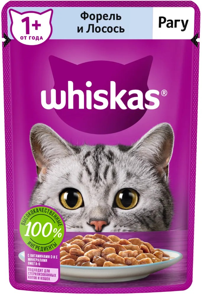 картинка Паучи Whiskas Рагу для кошек Форель и Лосось 75г