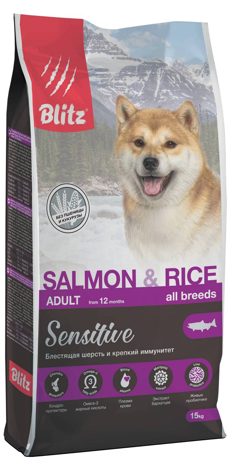 картинка BLITZ Sensitive собака Лосось - Рис 15 кг
